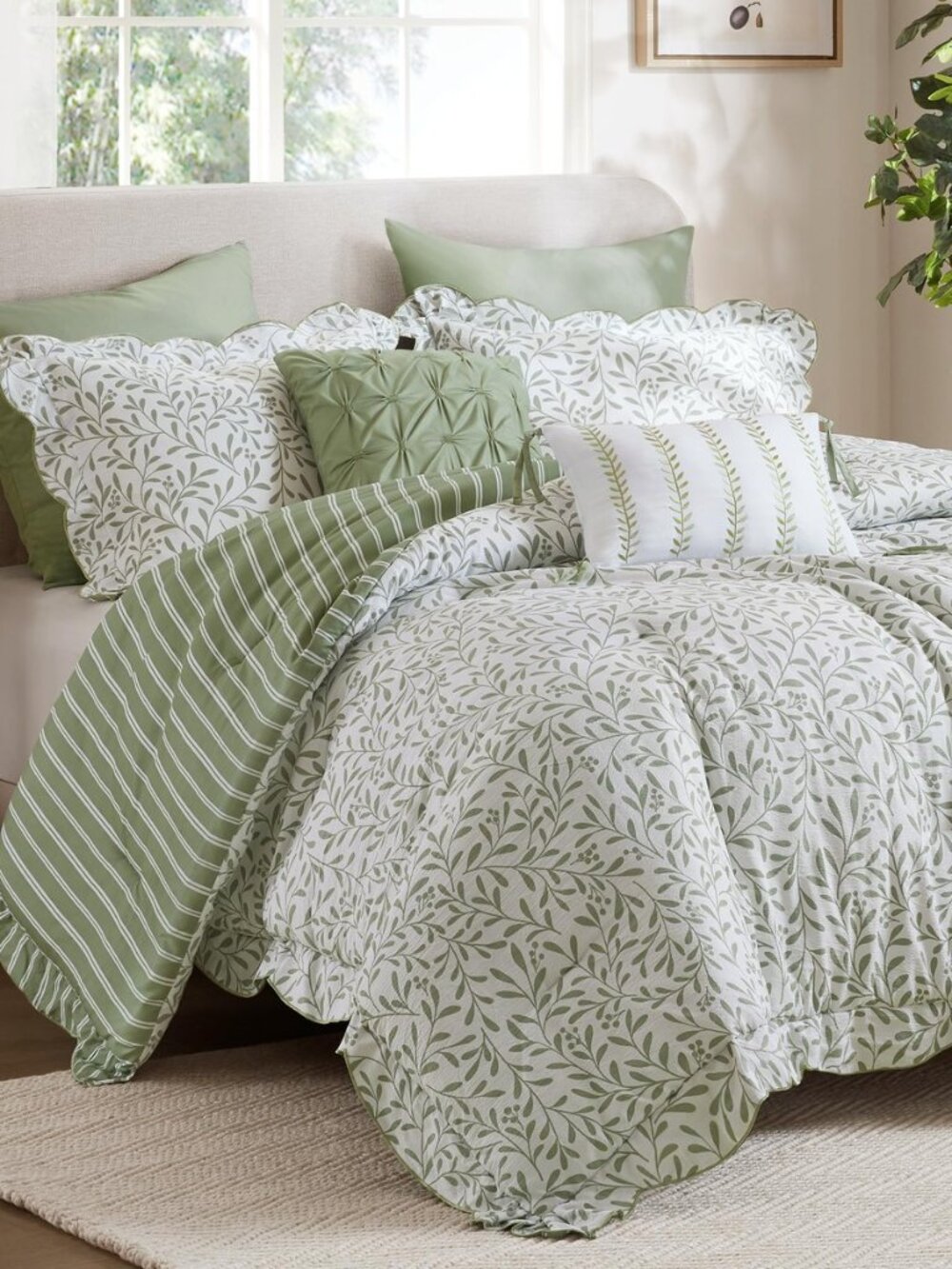 Sage Green Floral Comforter Set King, 5PC Reversible Bed Set